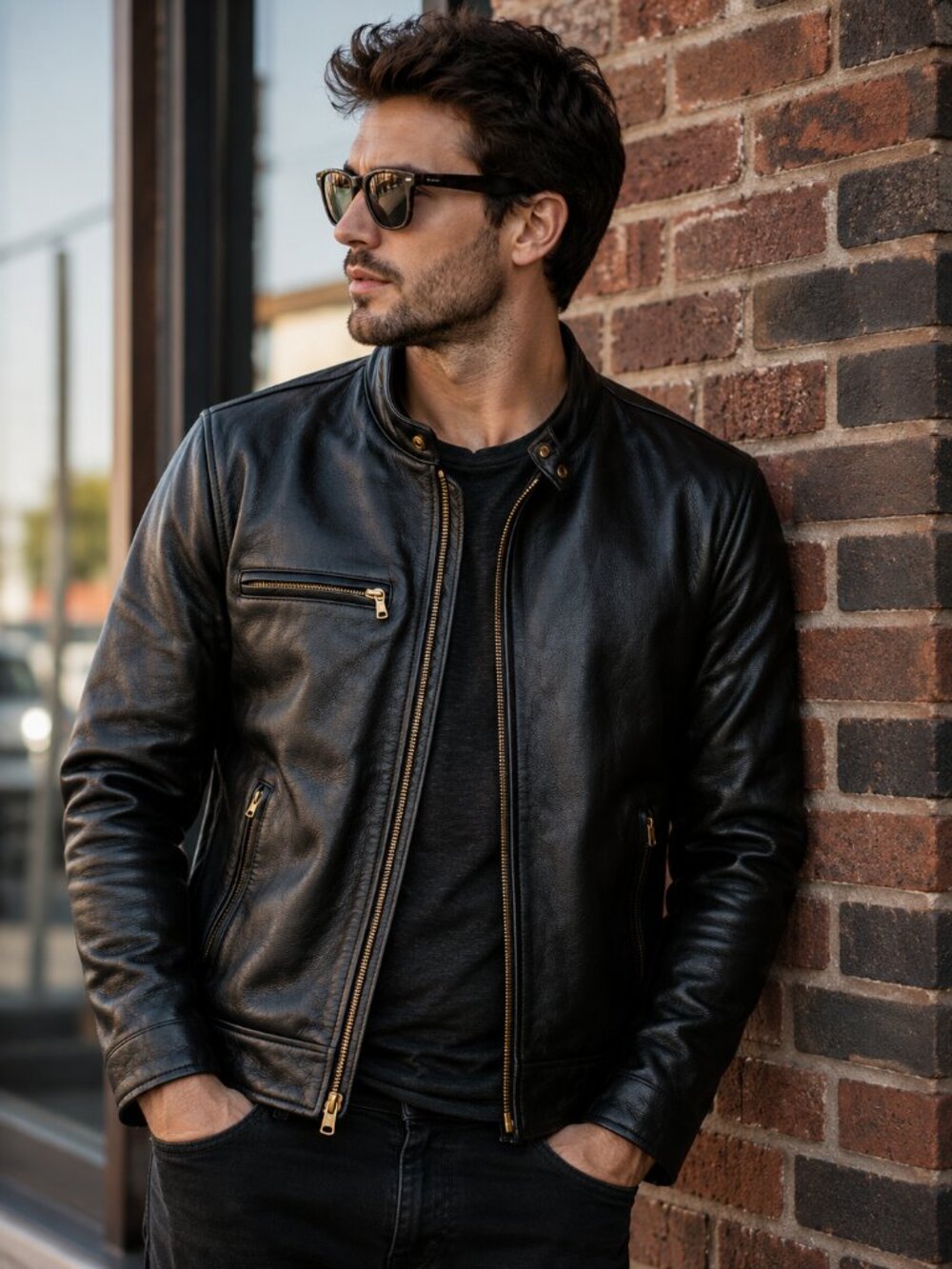 FMC Black Leather Cafe Racer Motorcycle Jacket Mens Medium 42 Chest